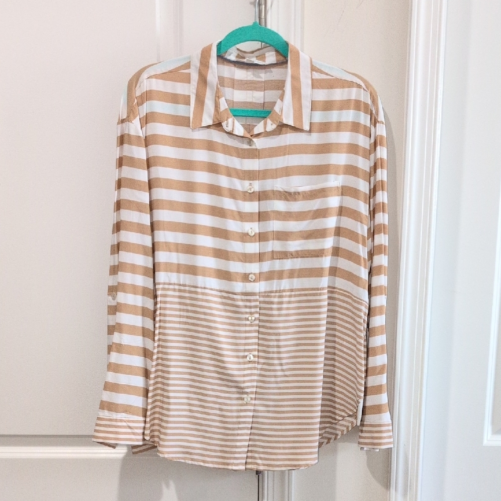 Jane & Delancey Tan And White Striped Button-Up Shirt W Rollup Sleeves